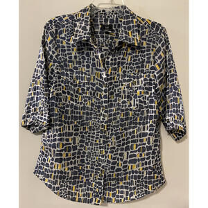 Lark Lane Womens Size 10 Blue Print Full Button Short Sleeved Blouse! A3533